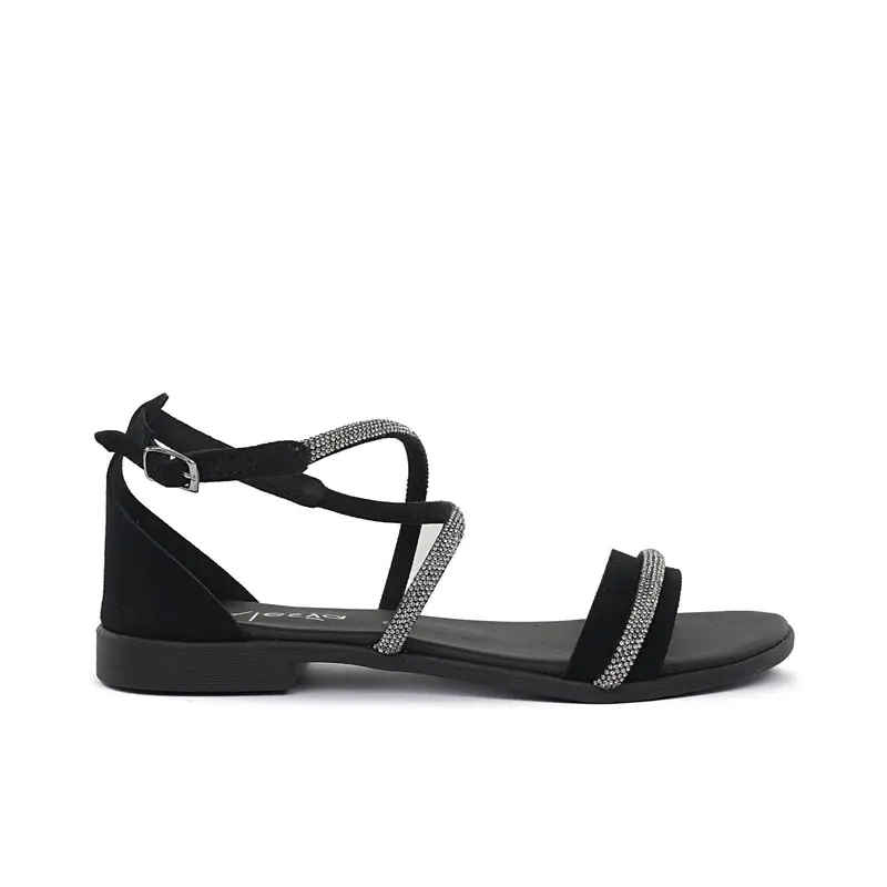 ALESYA Sandali bassi neri da donna con cinturini a incrocio e strass