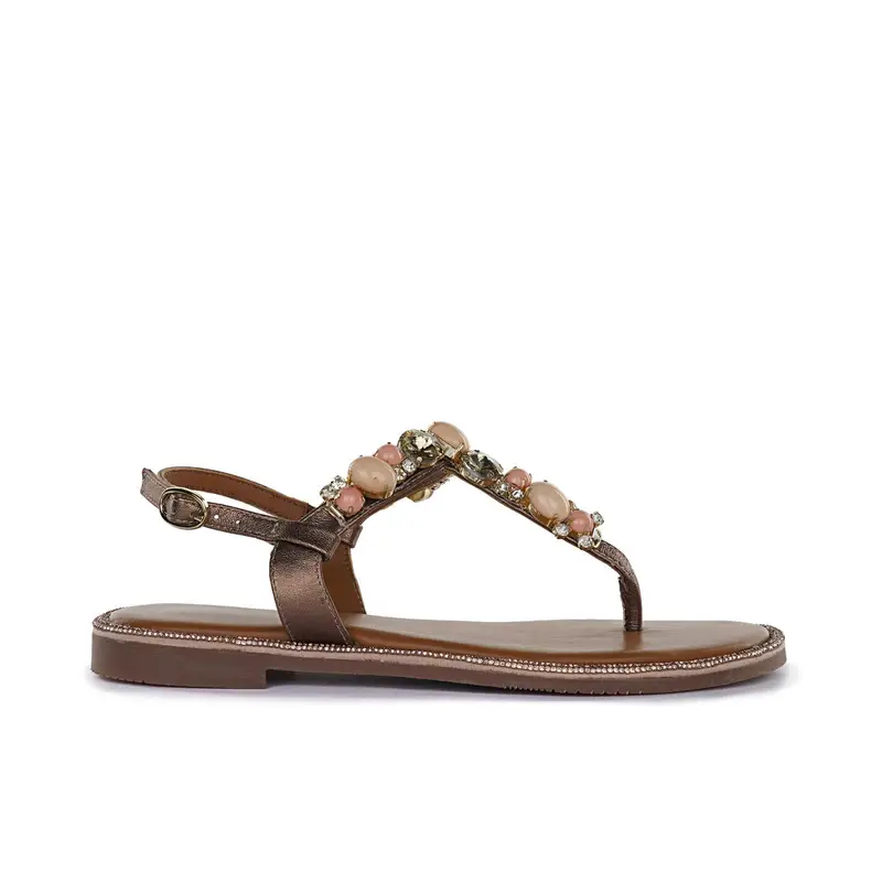 ALESYA Sandali bassi oro da donna modello infradito in pelle con pietre gioiello