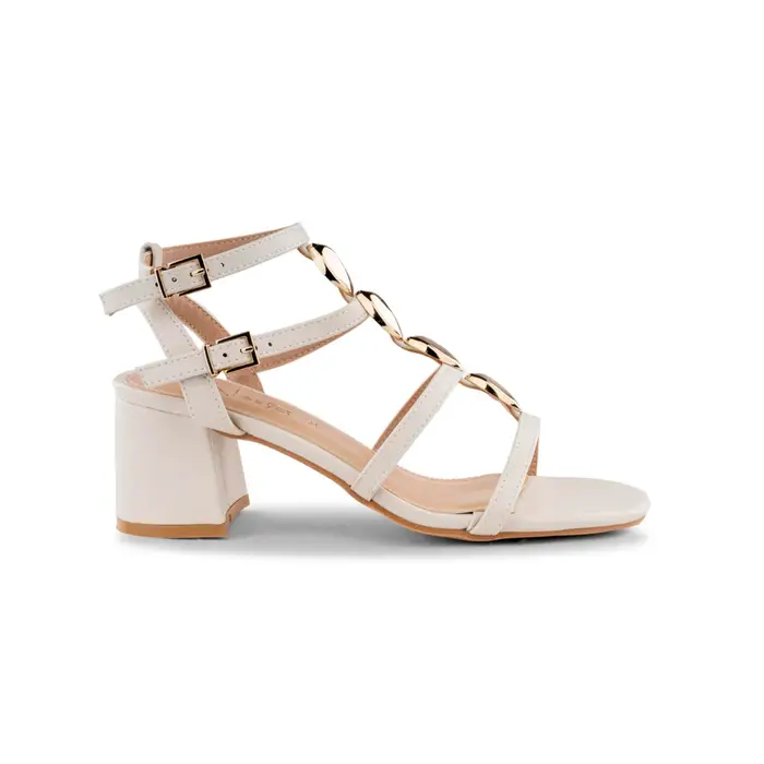 Sandali bianchi Alesya da donna con tacco medio largo e T-bar con dettaglio gioiello