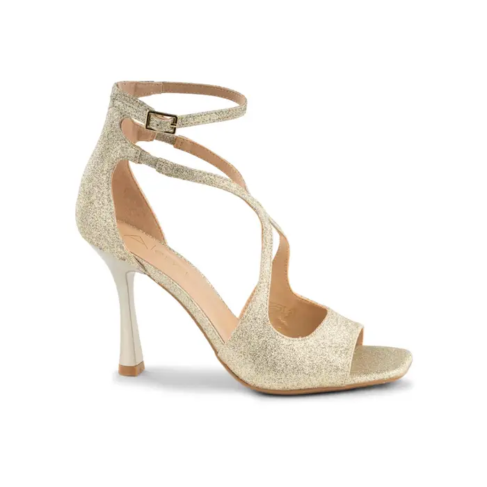 Sandali glitter oro Alesya da donna con tacco alto e cinturini incrociati