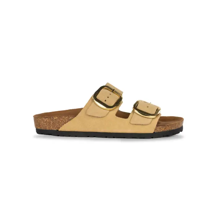 ALESYA Sandali in morbida pelle effetto scamosciato beige da donna con fibbie dorate con fondo effetto sughero