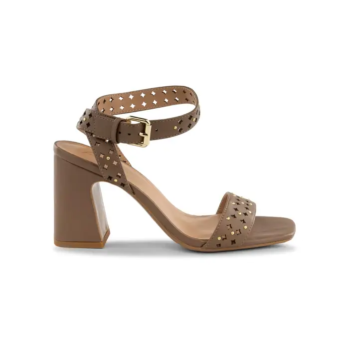 Sandali marroni Alesya da donna con tacco alto largo e cinturini con borchie