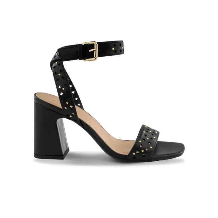 Sandali neri Alesya da donna con tacco alto largo e cinturini con borchie