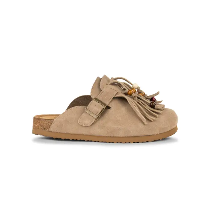 ALESYA Sandali sabot da donna in pelle beige effetto scamosciato con frange e fondo effetto sughero