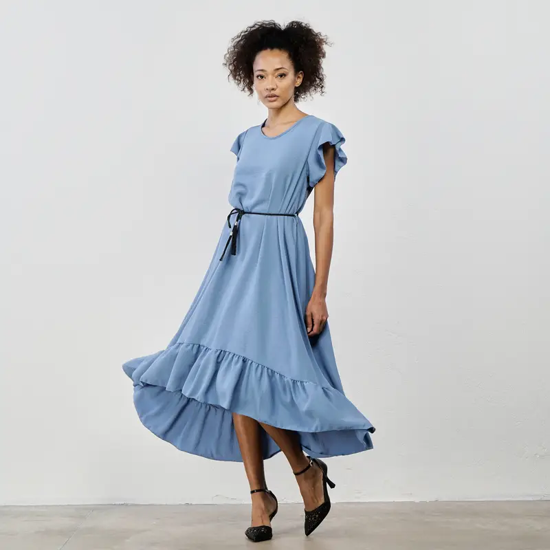 ALESYA Vestito midi azzurro con balza e cinturina con nappina