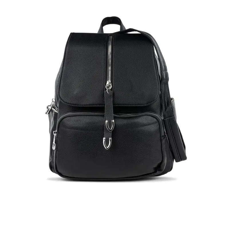 ALESYA Zaino nero da donna con tascone frontale e zip