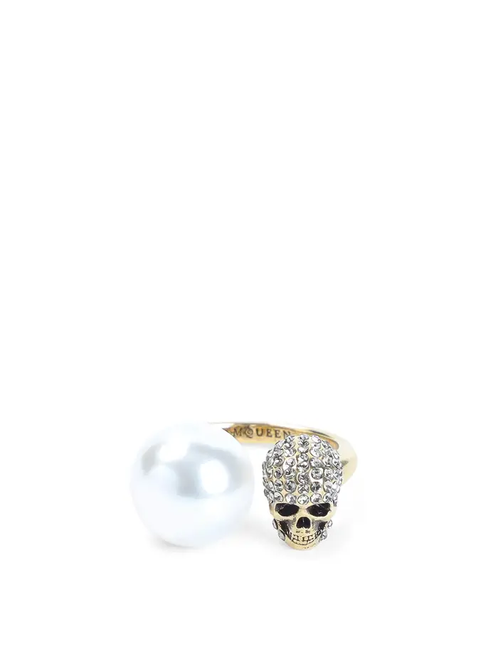 Alexander Mcqueen Anello Teschio Perlato Bianco