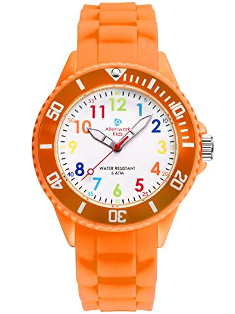 Alienwork Kids Orologio di Apprendimento Bambini Ragazze Arancione Bracciale in Silicone Multicolore bambini Impermeabile 5 ATM Tempo di