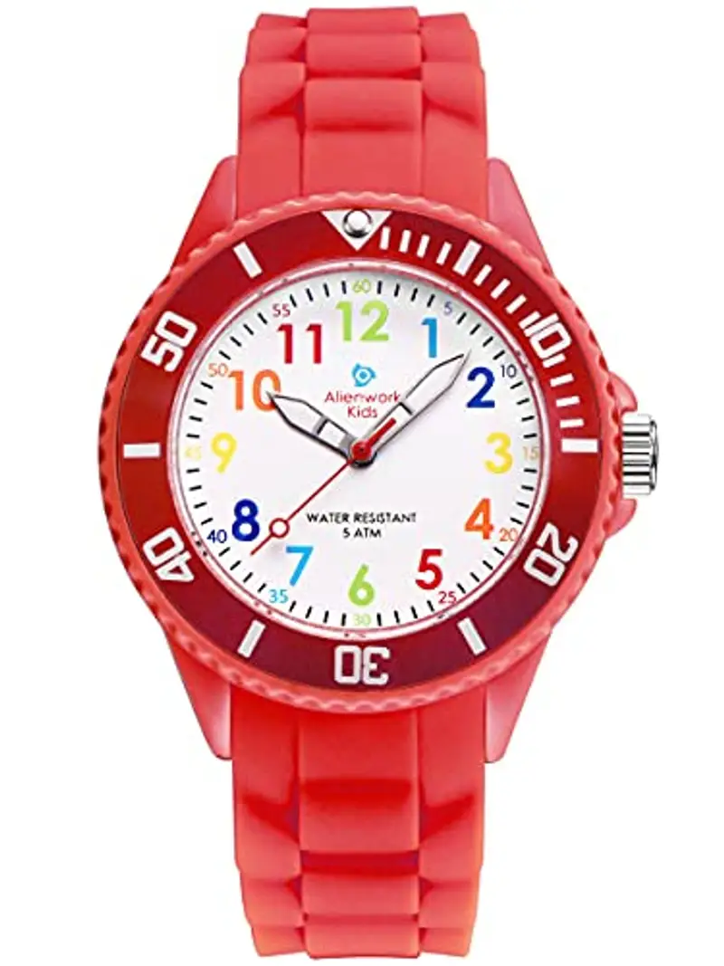 Alienwork Kids Orologio di Apprendimento Bambini Ragazze Rosso Bracciale in Silicone Multicolore bambini Impermeabile 5 ATM Tempo di