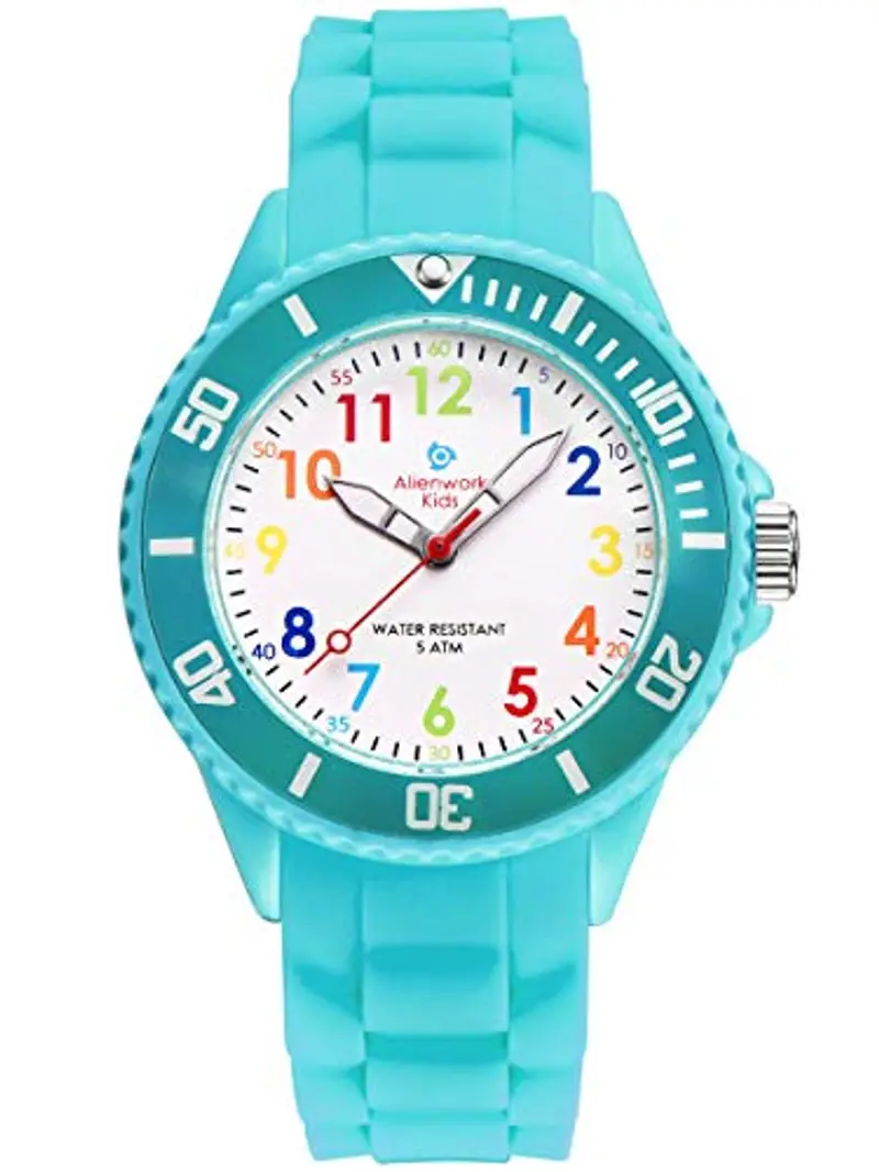 Alienwork Kids Orologio di Apprendimento Bambini Ragazze Turchese Bracciale in Silicone Multicolore bambini Impermeabile 5 ATM Tempo di