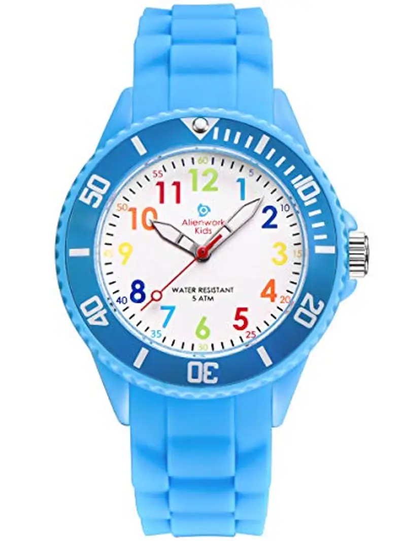 Alienwork Kids Orologio di Apprendimento Bambini Ragazzi Ragazze Blu Chiaro Bracciale in Silicone Multicolore bambini Impermeabile 5 ATM