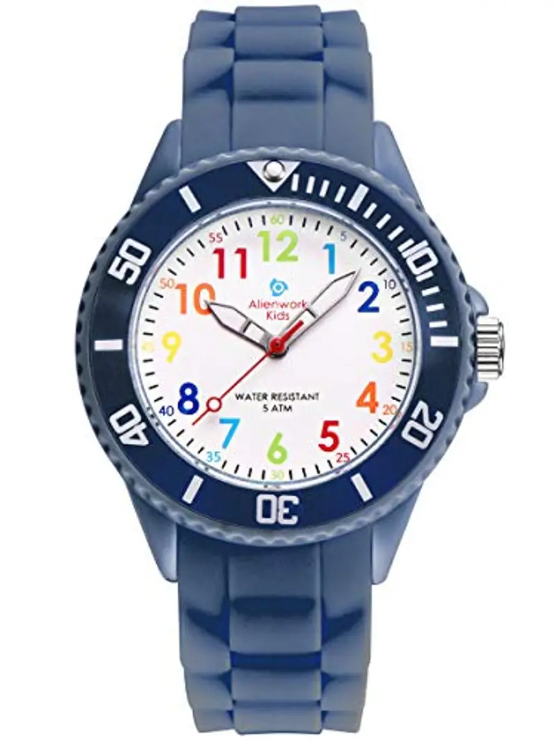 Alienwork Kids Orologio di Apprendimento Bambini Ragazzi Ragazze Blu Marino Bracciale in Silicone Multicolore bambini Impermeabile 5 ATM