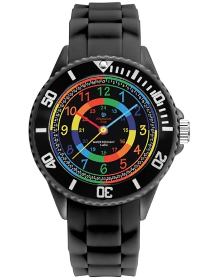 Alienwork Kids Orologio di Apprendimento Bambini Ragazzi Ragazze Nero Bracciale in Silicone Multicolore bambini Impermeabile 5 ATM Tempo di