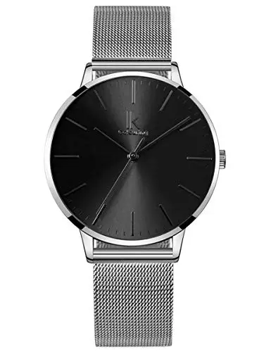 Alienwork Orologio Donna Argento Cinturino in Maglia Metallo Nero Ultra Sottile