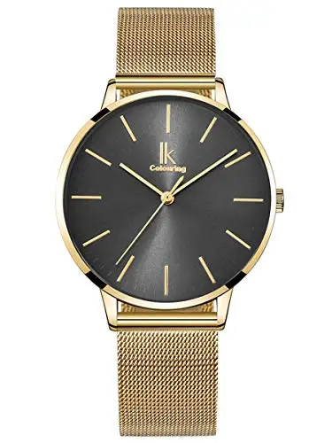 Alienwork Orologio Donna Oro Cinturino in Maglia Metallo Grigio Ultra Sottile