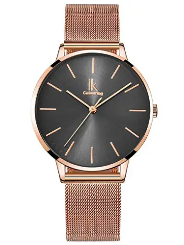 Alienwork Orologio Donna Oro rosa Cinturino in Maglia Metallo Grigio Ultra Sottile