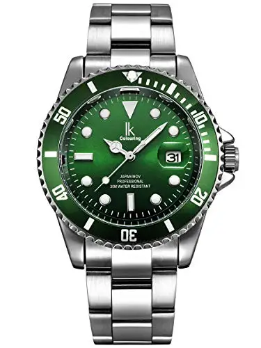 Alienwork Orologio Uomo Donna Argento Bracciale in Acciaio Calendario Data Verde Elegante