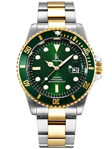 Alienwork Orologio Uomo Donna Argento Bracciale in Acciaio Oro Calendario Data Verde Elegante
