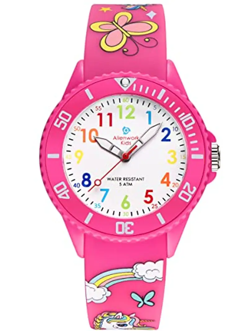 Alienwork Unicorno Ragazza Orologio di Apprendimento Bambini Ragazze Rosa Bracciale in Silicone Multicolore bambini Impermeabile 5 ATM