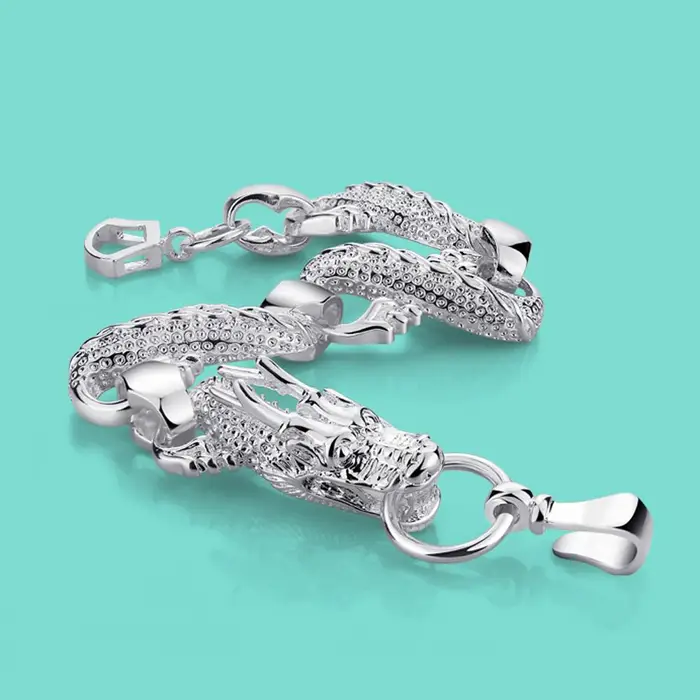 Bracciale Drago Cinese Stile Etnico Classico Catena Bangle in Argento Sterling 925 Semplice Catena da Polso Per Uomo Donna Gioielli Famiglia 23cm