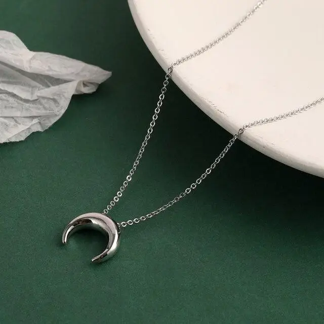 Collana Lunga con Ciondolo a Mezzaluna Liscia in Argento Sterling 925 per Donna Catena Clavicola Collane Nuove