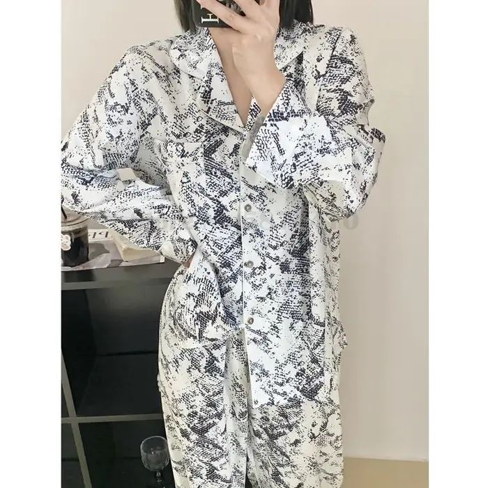 Pigiama da Donna a Manica Lunga Set Stampa Raso Setoso Loungewear Completi Pantaloni Abbigliamento da Notte Primavera Estate Pigiama Pour Femme Abbigliamento per la Casa XL