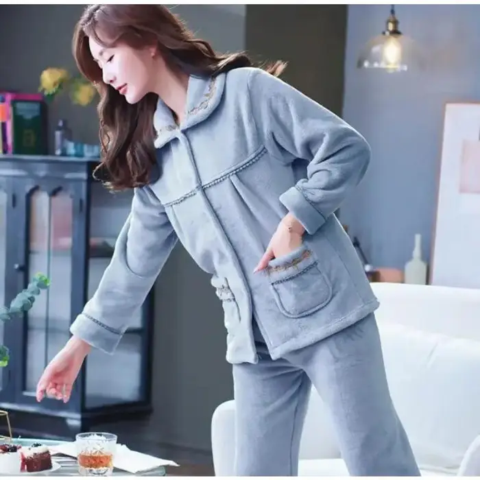 Pigiama da donna in flanella calda e spessa, autunno inverno, set da notte a maniche lunghe, pigiama da notte in flanella, set da notte da donna 2XL