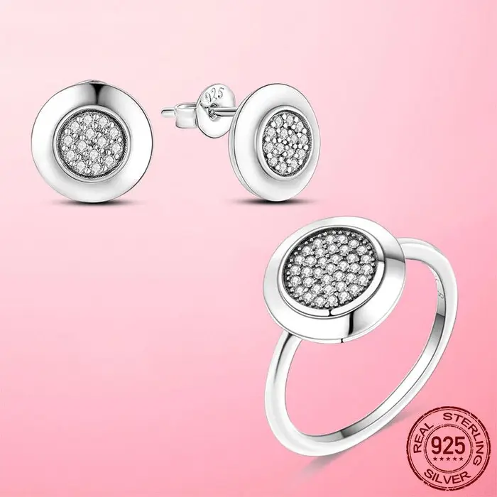 Set di Gioielli Classici alla Moda da Donna Argento Sterling 925 Orecchini Rotondi ANELLI Set per Donne Orecchini alla Moda Regalo di Gioielli 8