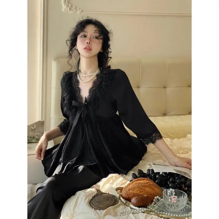 Set Pigiama da Donna 2 Pezzi Stile Palazzo Francese Principessa Indumenti da Notte Pigiama Tuta Primavera Estate Manica Corta Pantaloni Abbigliamento da Casa Loungewear XL nero