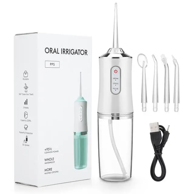 Aloisia Irrigatore orale Portatile Dentale Acqua Flosser USB Ricaricabile Getto D acqua Filo Interdentale Pick 4 Punta Jet 220ml 3 Modalità