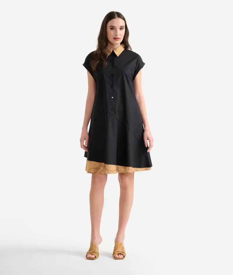 Alviero Martini Abito corto con balze in popeline di cotone croccante Nero