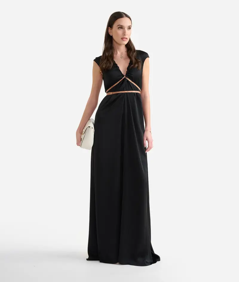 Alviero Martini Abito lungo in fluido con nastrini Nero