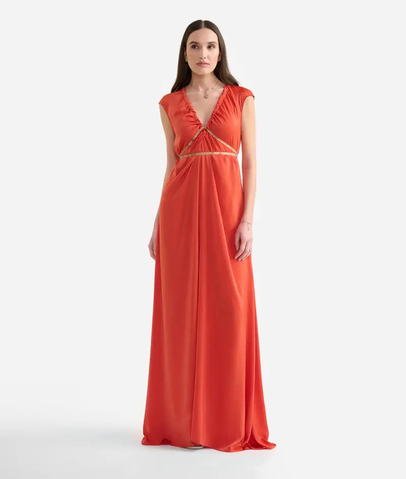 Alviero Martini Abito lungo in fluido con nastrini Rosso Fuoco