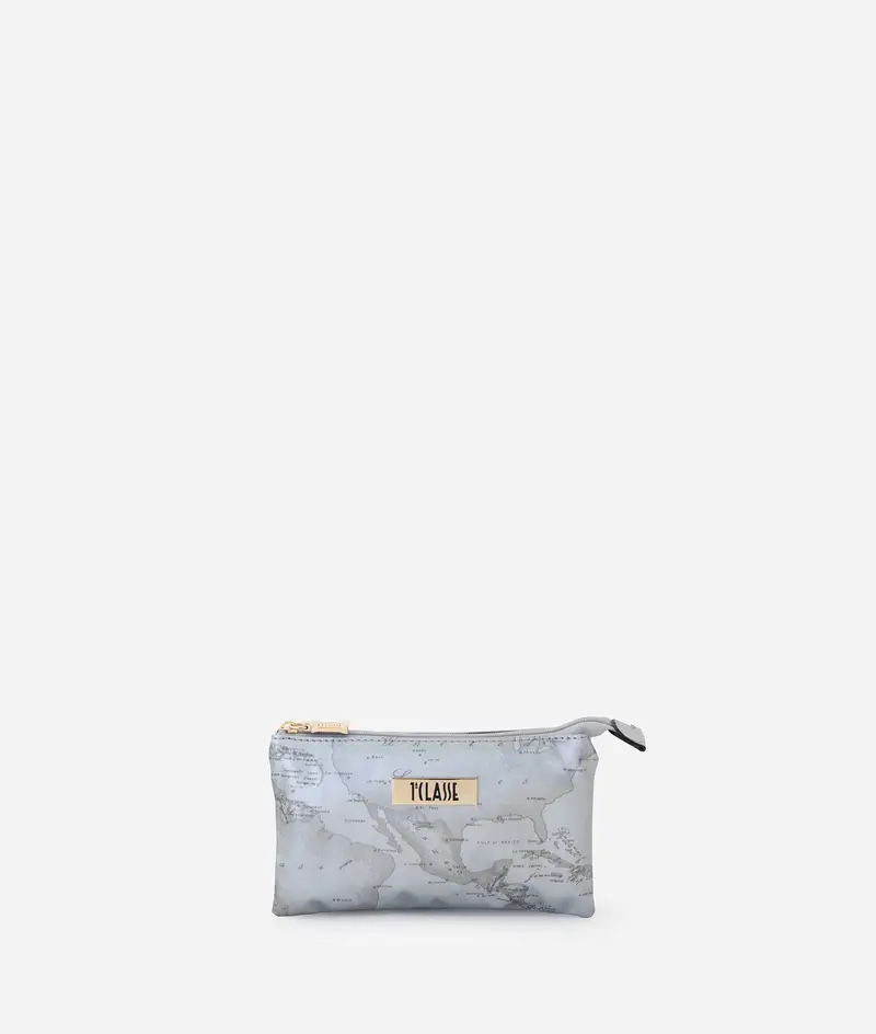 Alviero Martini Bustina tre tasche in tessuto gommato Geo Argento