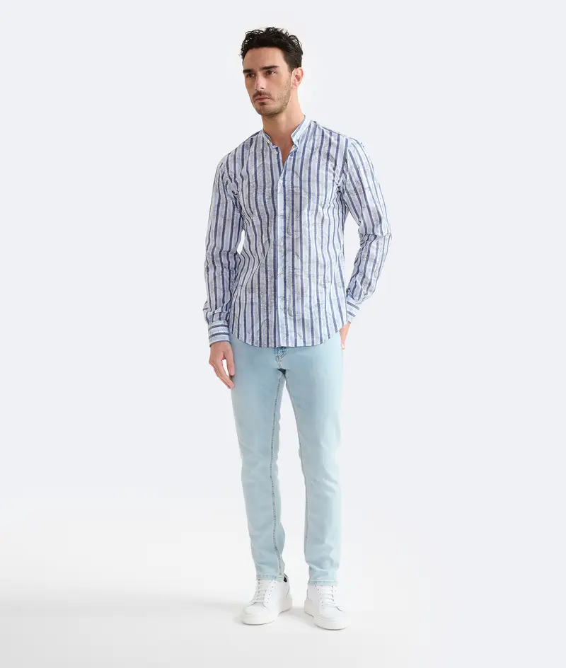 Alviero Martini Camicia coreana in cotone Geo Righe Blu Cobalto