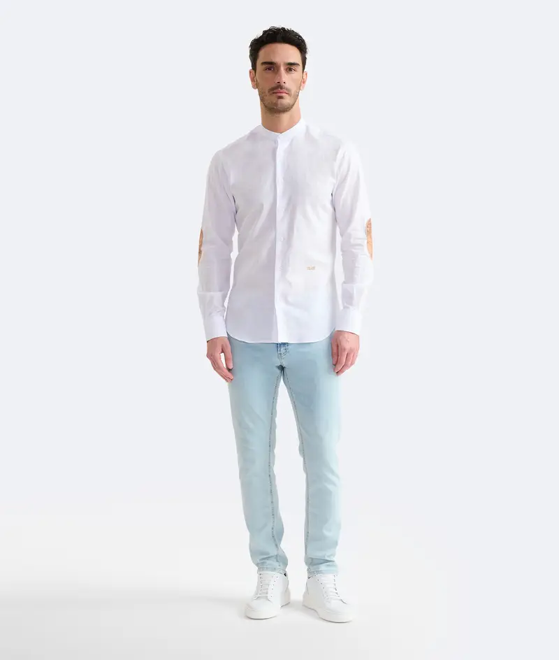 Alviero Martini Camicia coreana in lino e cotone con toppe Bianca