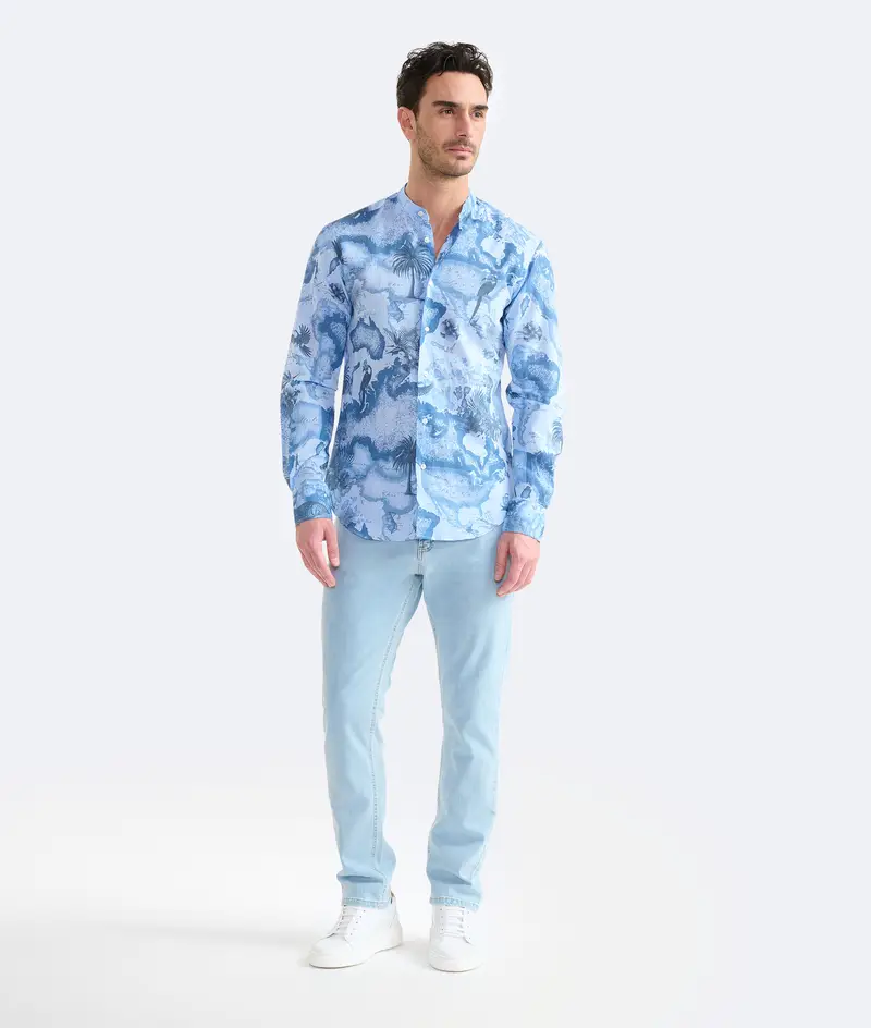 Alviero Martini Camicia coreana in lino e cotone Geo Tropical Azzurra