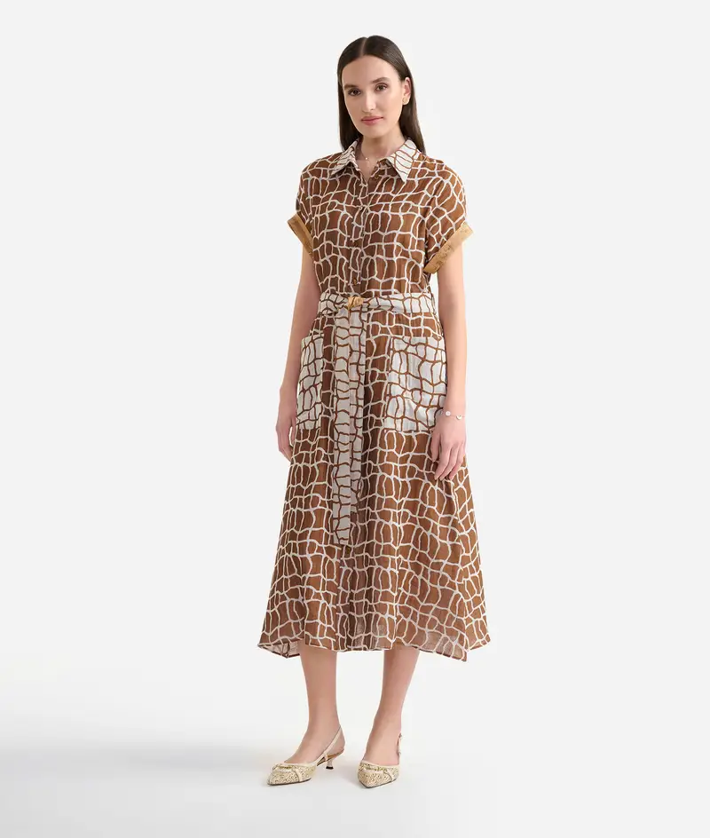 Alviero Martini Chemisier lungo in cotone tinto filo fantasia Savana Terra