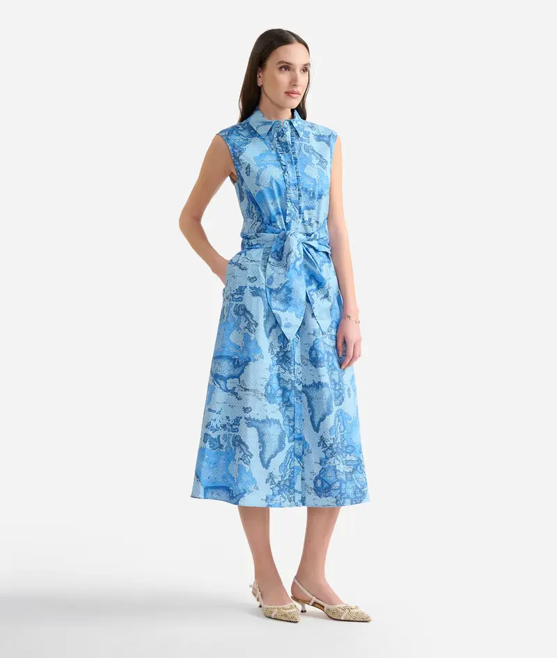 Alviero Martini Chemisier smanicato in popeline di cotone stretch Geo Lino Blu Denim