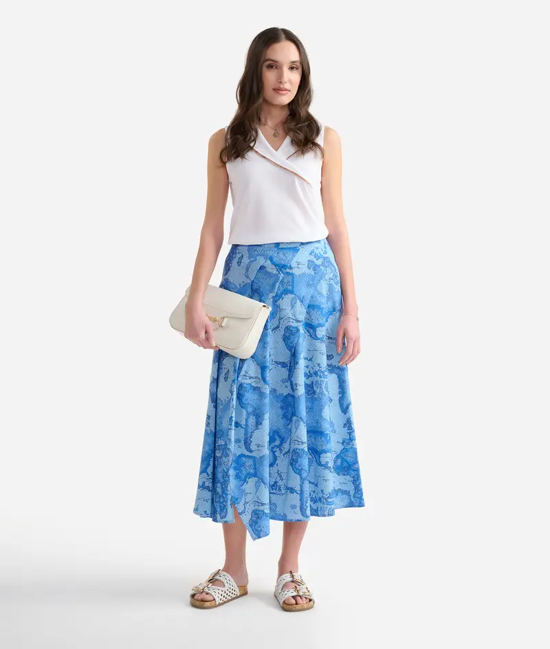 Alviero Martini Gonna con pieghe in popeline di cotone stretch Geo Lino Blu Denim