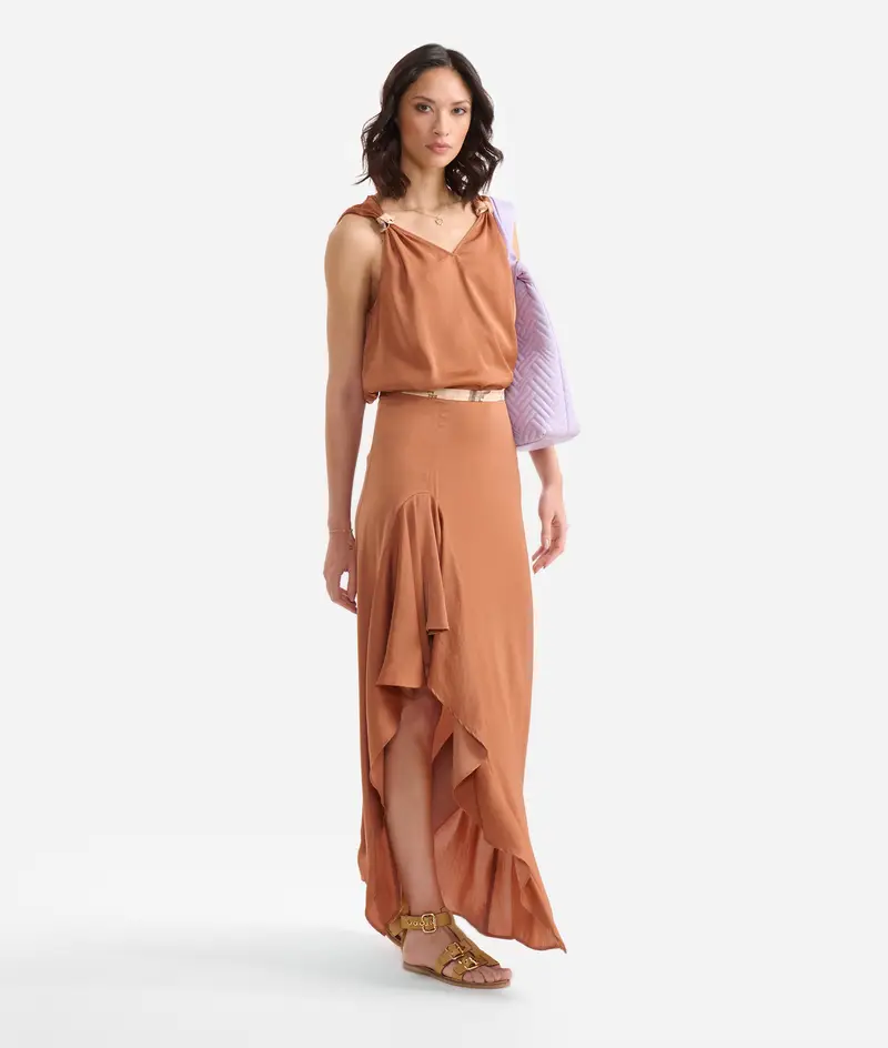 Alviero Martini Gonna lunga con rouches in fluido Terra