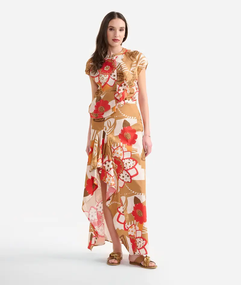 Alviero Martini Gonna lunga in popeline di cotone BCI Geo Fiori Rossa