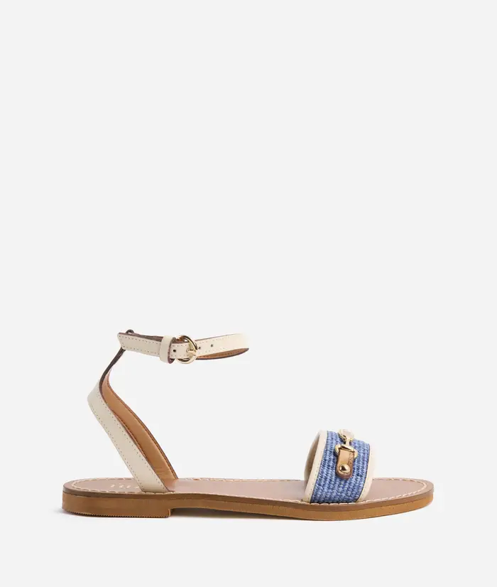 Sandali in pelle e tessuto rafia Blu Pacifico