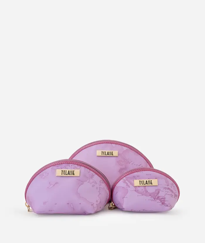 Alviero Martini Set di tre bustine in tessuto gommato Geo Rosa Pervinca