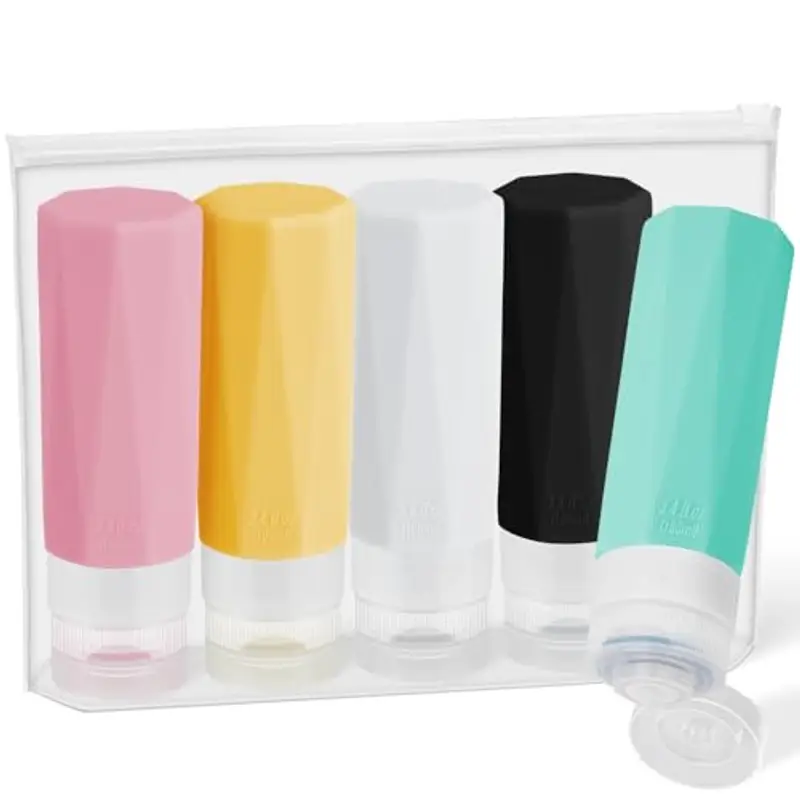 Alyvisun Flaconi da Viaggio 100ml, 5 Pezzi Bottiglie da Viaggio Ricaricabili in Silicone, con Borsa Portaoggetti, Anti-Perdita Contenitori