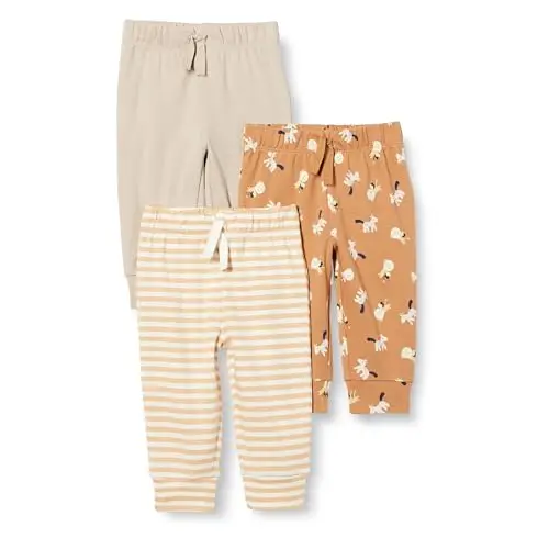 Amazon Essentials Pantaloni Senza Chiusura in Cotone Unisex Bimbi, Pacco da 3, Grigio Talpa/Lion E Pony/Righe, 0