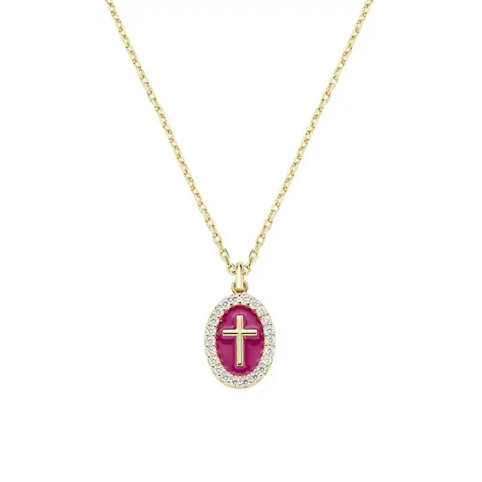 AMEN Collana In Ottone Croce Su Medaglia Smaltata Bordeaux Dorata