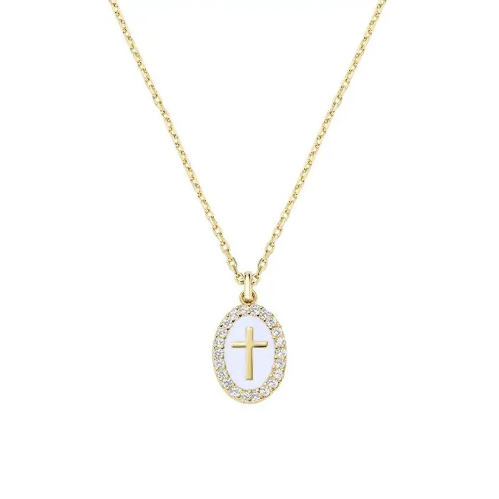 AMEN Collana In Ottone Croce Su Medaglia Smaltata Dorata