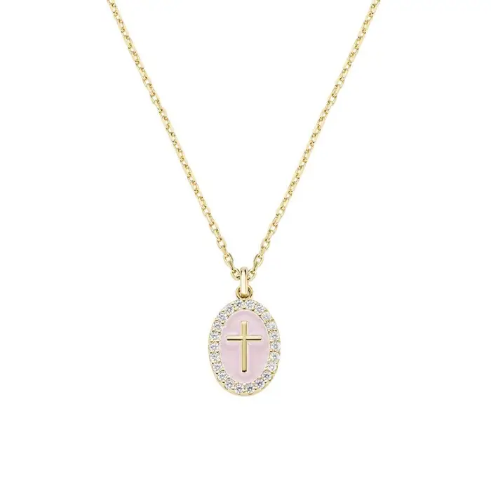AMEN Collana In Ottone Croce Su Medaglia Smaltata Rosa Dorata