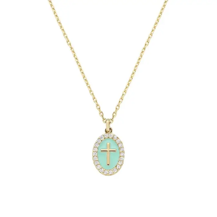 AMEN Collana In Ottone Croce Su Medaglia Smaltata Verde Mare Dorata